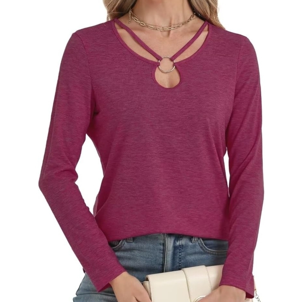 Wine Red Long Sleeve Top Keyhole Neck Crew Neck Ring Cut Out Design